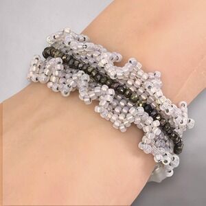 Handmade Beaded Ruffle Bracelet Pink Opalescent Seed Beads Czech Glass Iris Butt